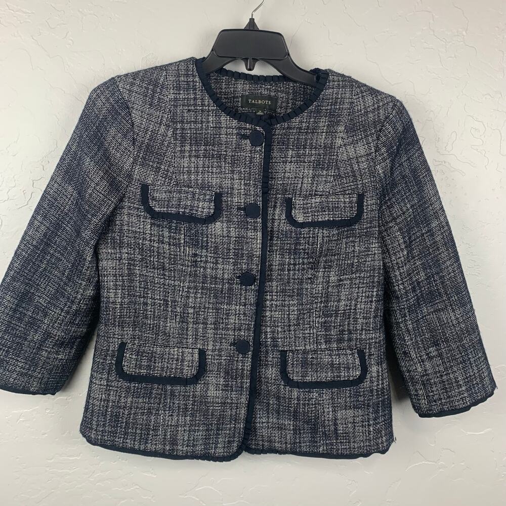 Talbots Tweed Lady Jacket Womens Size 12 Navy Blue Lined Old Money Preppy